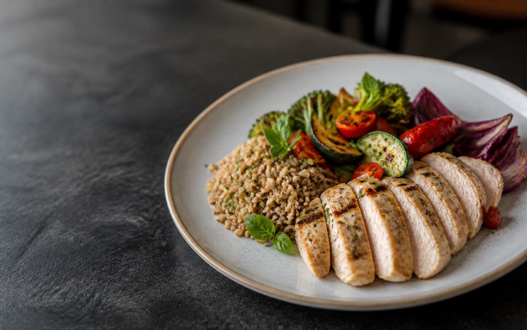Piatto bilanciato con pollo, cereali integrali e verdure di stagione