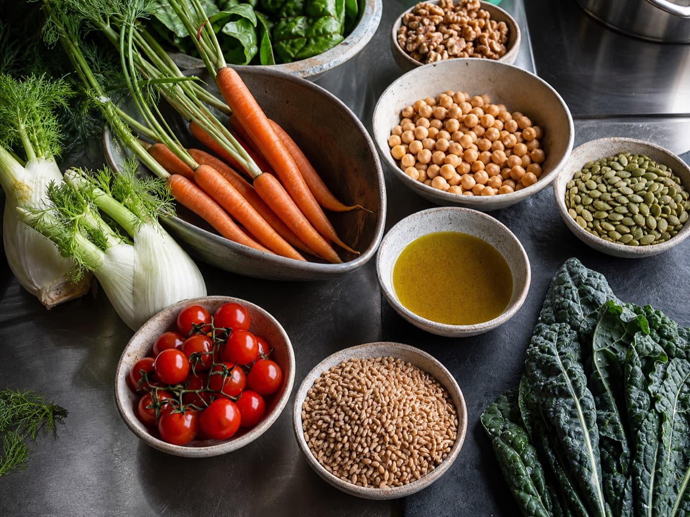 Verdure, legumi, cereali, semi e olio extravergine di oliva