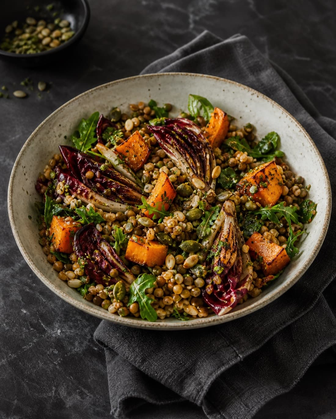 Piatto vegetale con cereali, legumi e verdure di stagione